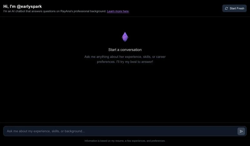 The chat page before a conversation starts. The header reads Hi, I'm @earlyspark, I'm an AI chatbot that answers questions on RayAna's professional background.