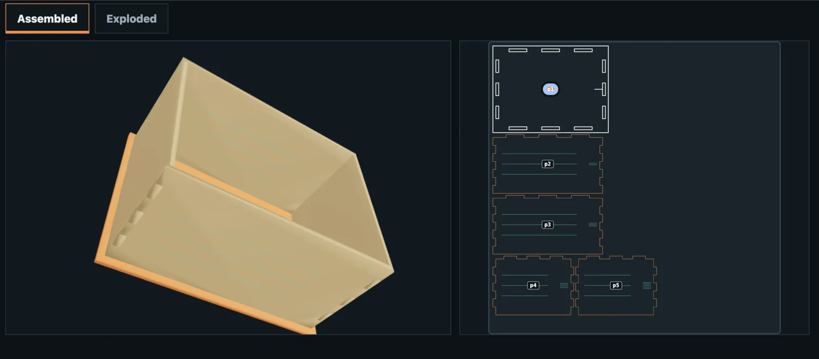 The SketchyCut workspace showing a generated 3D box assembly beside its laser-cut sheet layout.